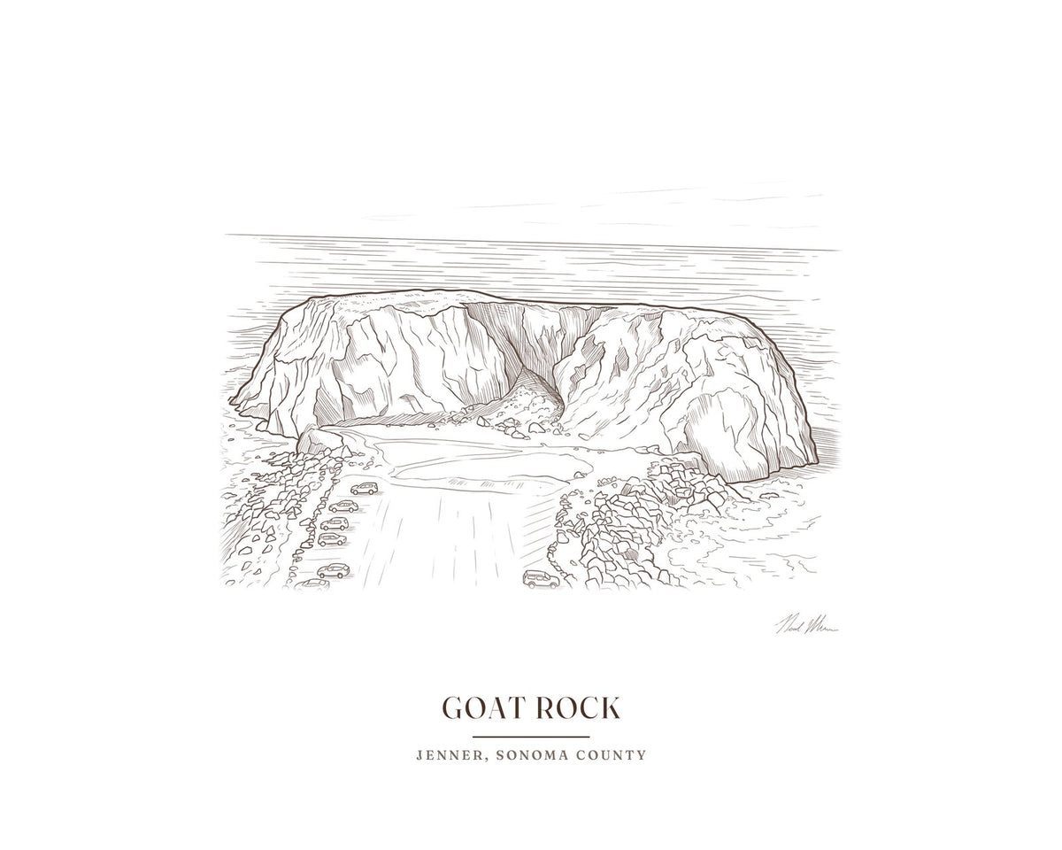 Ink drawing print of Goat Rock seen from the bluff above, signed, with the place name below