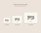 Size guide comparing the 10 x 8, 14 x 11 and 20 x 16 prints of Goat Rock seen from the bluff above to scale