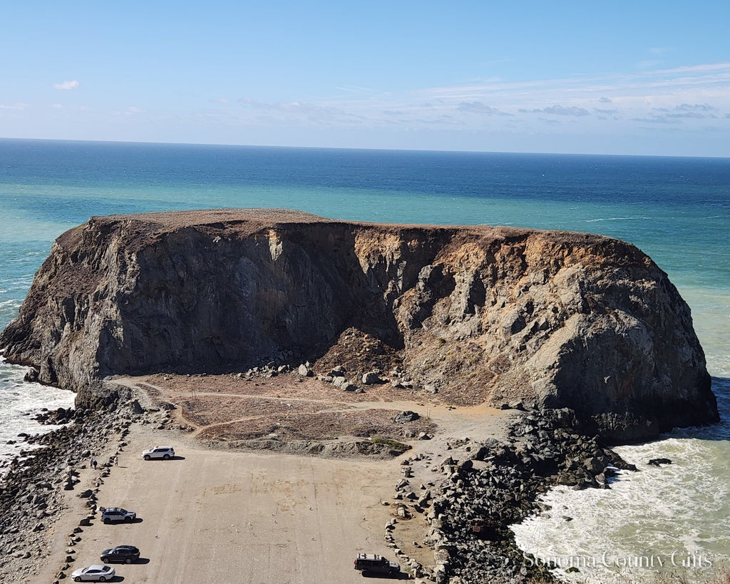 The photograph of Goat Rock seen from the bluff above, taken on location near Jenner