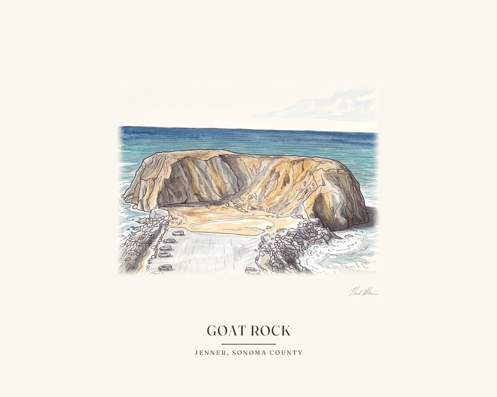 Watercolor print of Goat Rock seen from the bluff above, signed, with the place name below