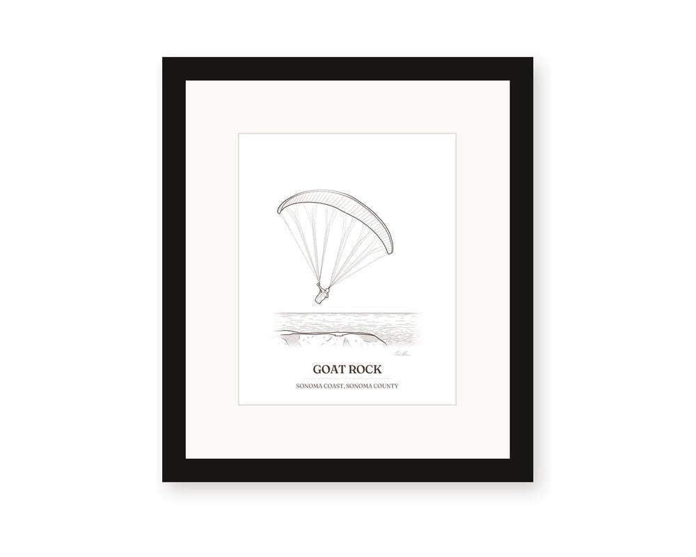 Framed ink drawing print of a paraglider over Goat Rock, with a white mat in a black frame