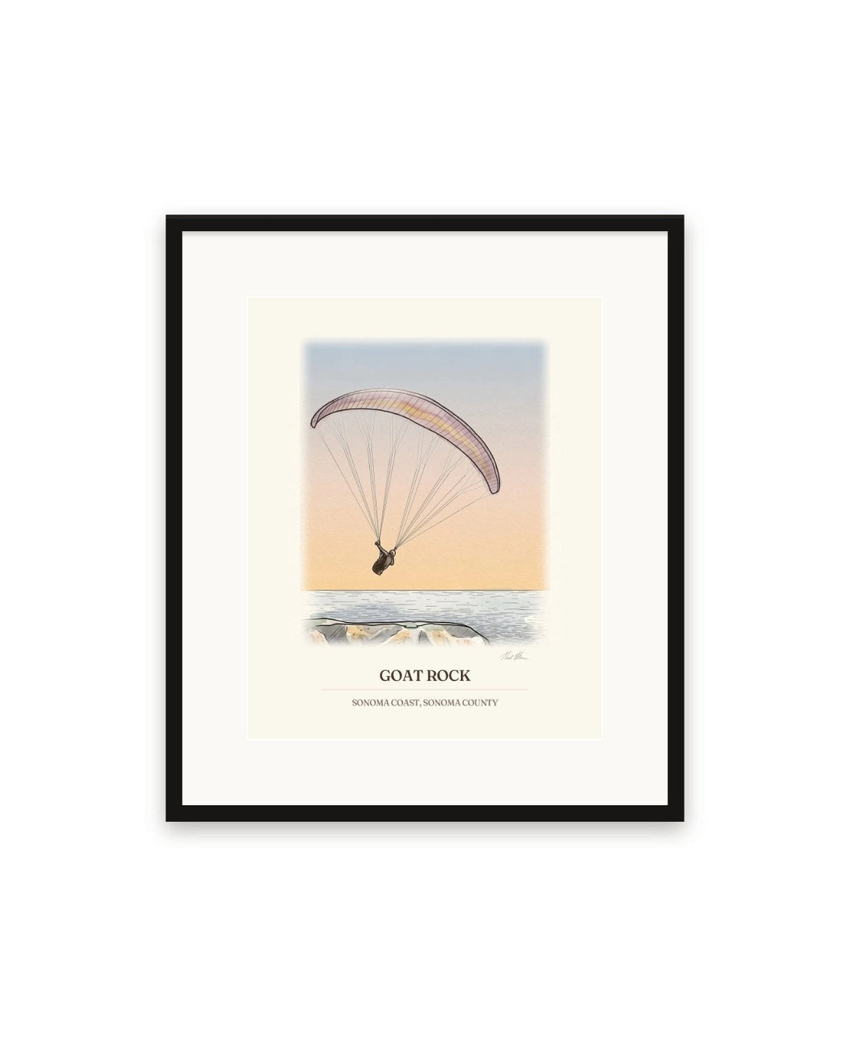 Paraglider over Goat Rock watercolor print, 16 x 20 in, in a black frame with a wide white mat
