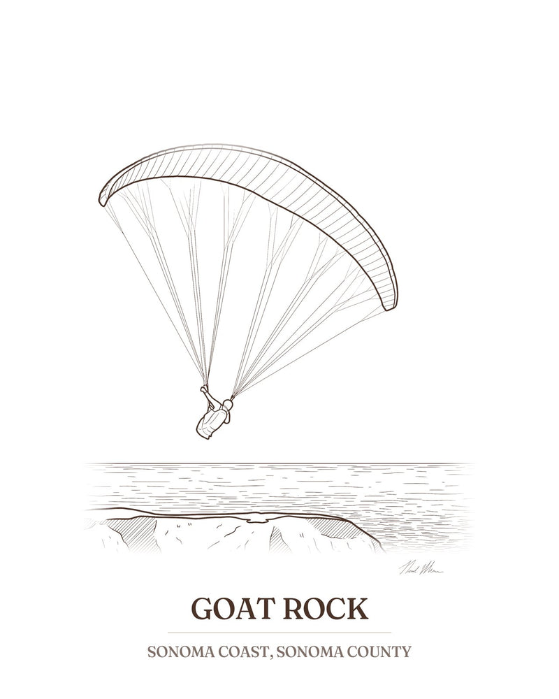 Ink drawing print of a paraglider over Goat Rock on the Sonoma Coast, in brown ink with the place name below
