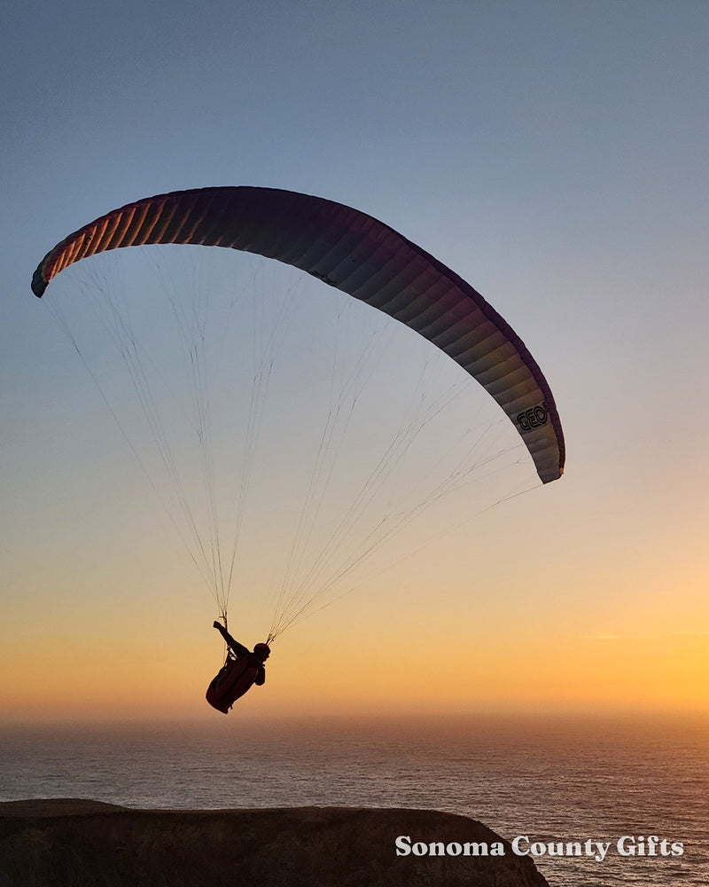 The photograph of a paraglider at sunset over Goat Rock that the drawing was made from, taken on location