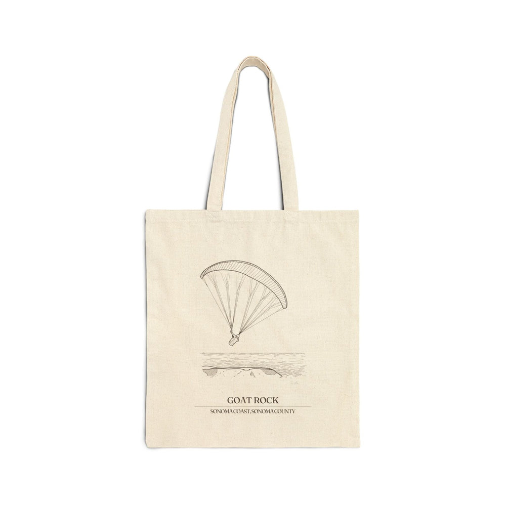 Natural cotton canvas tote bag with an ink drawing of a paraglider over Goat Rock on the Sonoma Coast