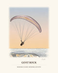 Watercolor art print of a paraglider over Goat Rock on the Sonoma Coast against a sunset sky, with the place name below