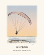 Watercolor art print of a paraglider over Goat Rock on the Sonoma Coast against a sunset sky, with the place name below
