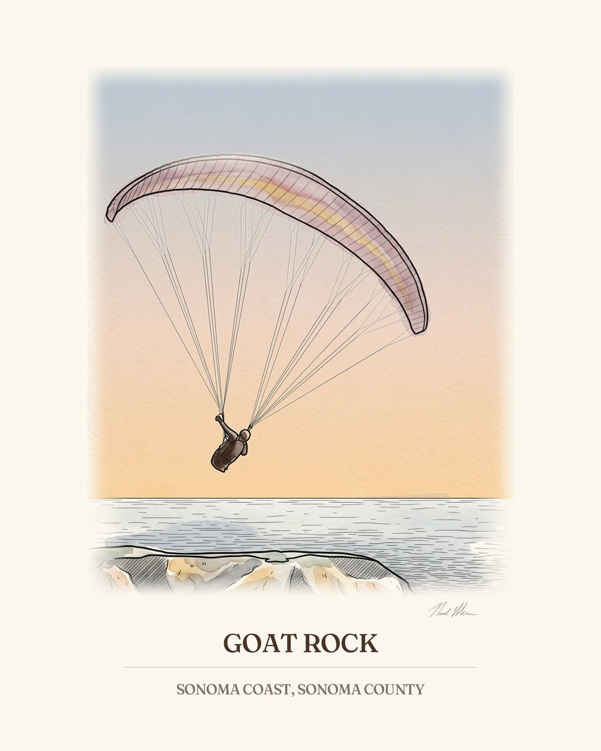 Watercolor art print of a paraglider over Goat Rock on the Sonoma Coast against a sunset sky, with the place name below