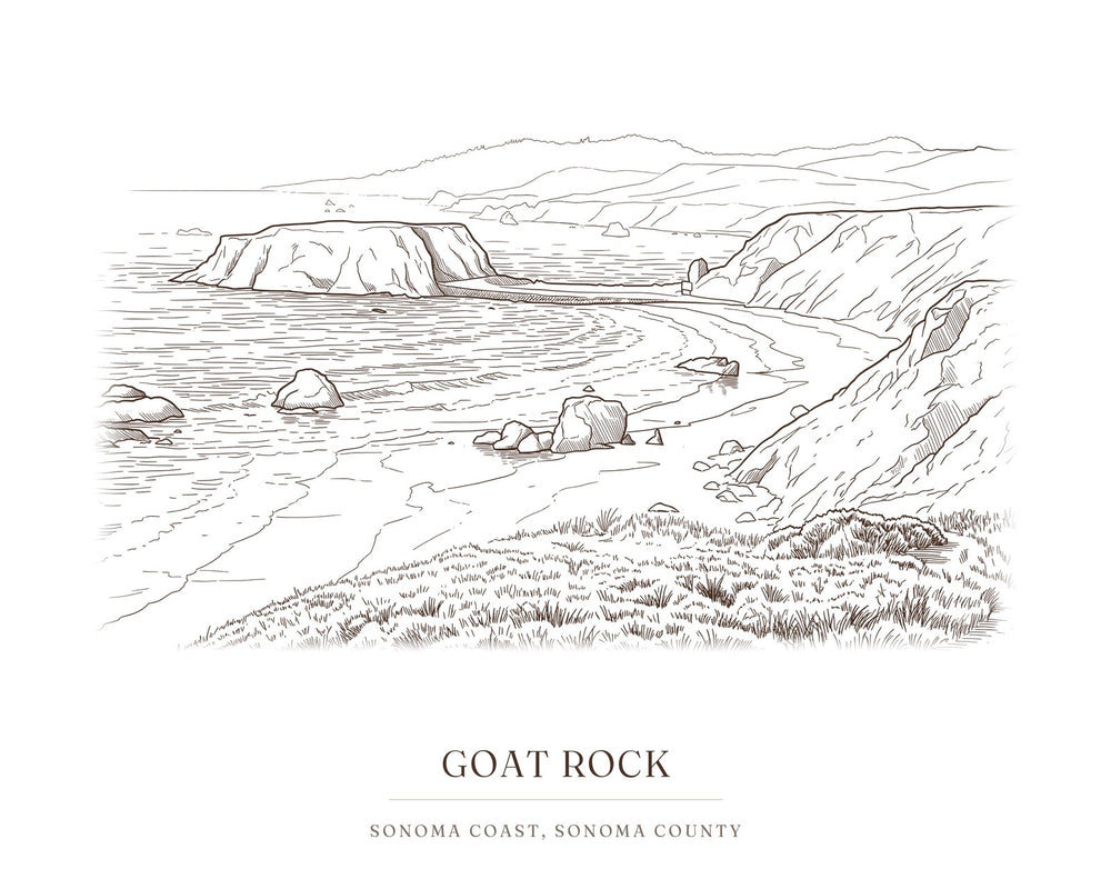 Ink drawing print of Goat Rock on the Sonoma Coast near Jenner, Sonoma County, in brown ink with the place name below