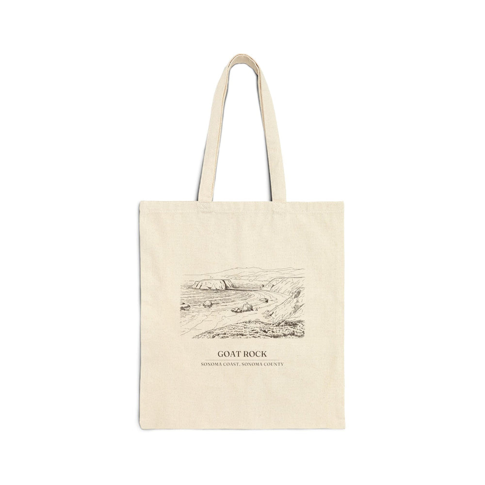 Natural cotton canvas tote bag with an ink drawing of Goat Rock on the Sonoma Coast