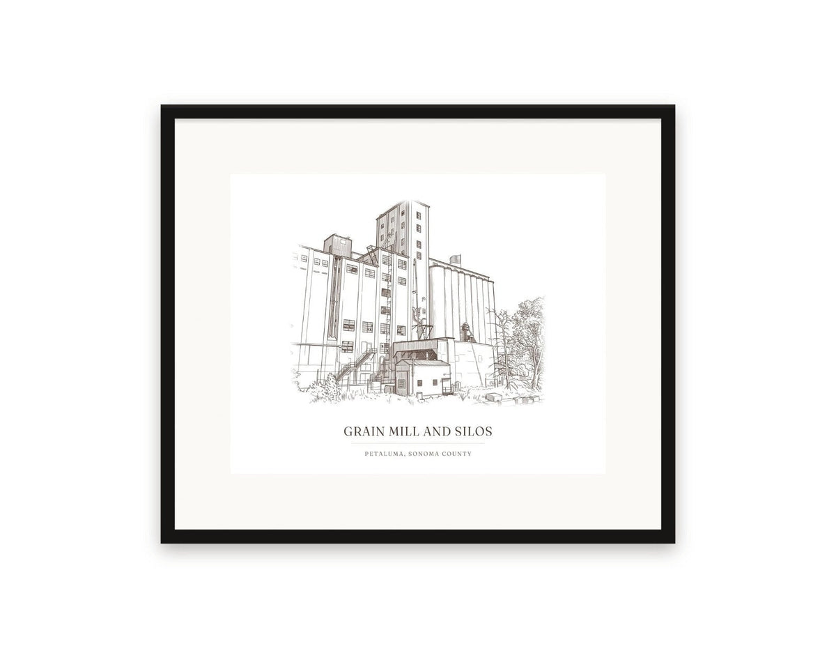 Grain Mill and Silos ink drawing print, 20 x 16 in, in a black frame with a wide white mat