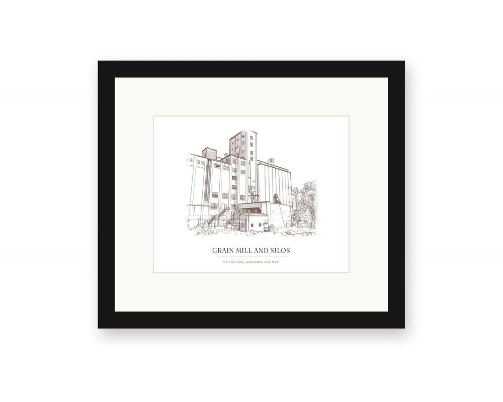 Framed ink drawing print of the grain mill and silos on the Petaluma riverfront, with a white mat in a black frame