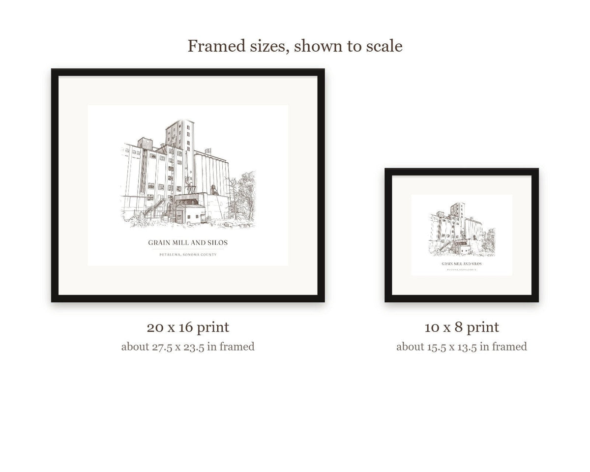 Size guide comparing the 20 x 16 and 10 x 8 framed ink drawing prints to scale