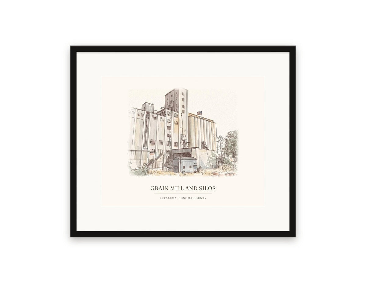 Grain Mill and Silos watercolor print, 20 x 16 in, in a black frame with a wide white mat