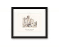Framed watercolor print of the grain mill and silos on the Petaluma riverfront, with a white mat in a black frame