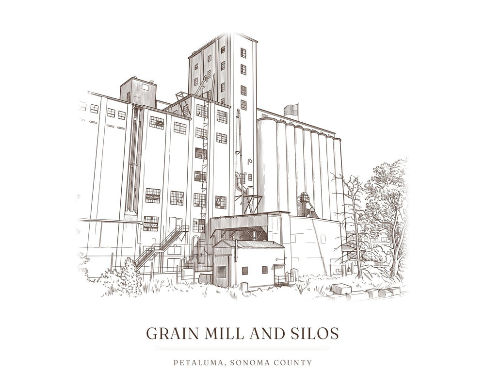 Ink drawing print of the grain mill and silos on the Petaluma riverfront, Sonoma County, in brown ink