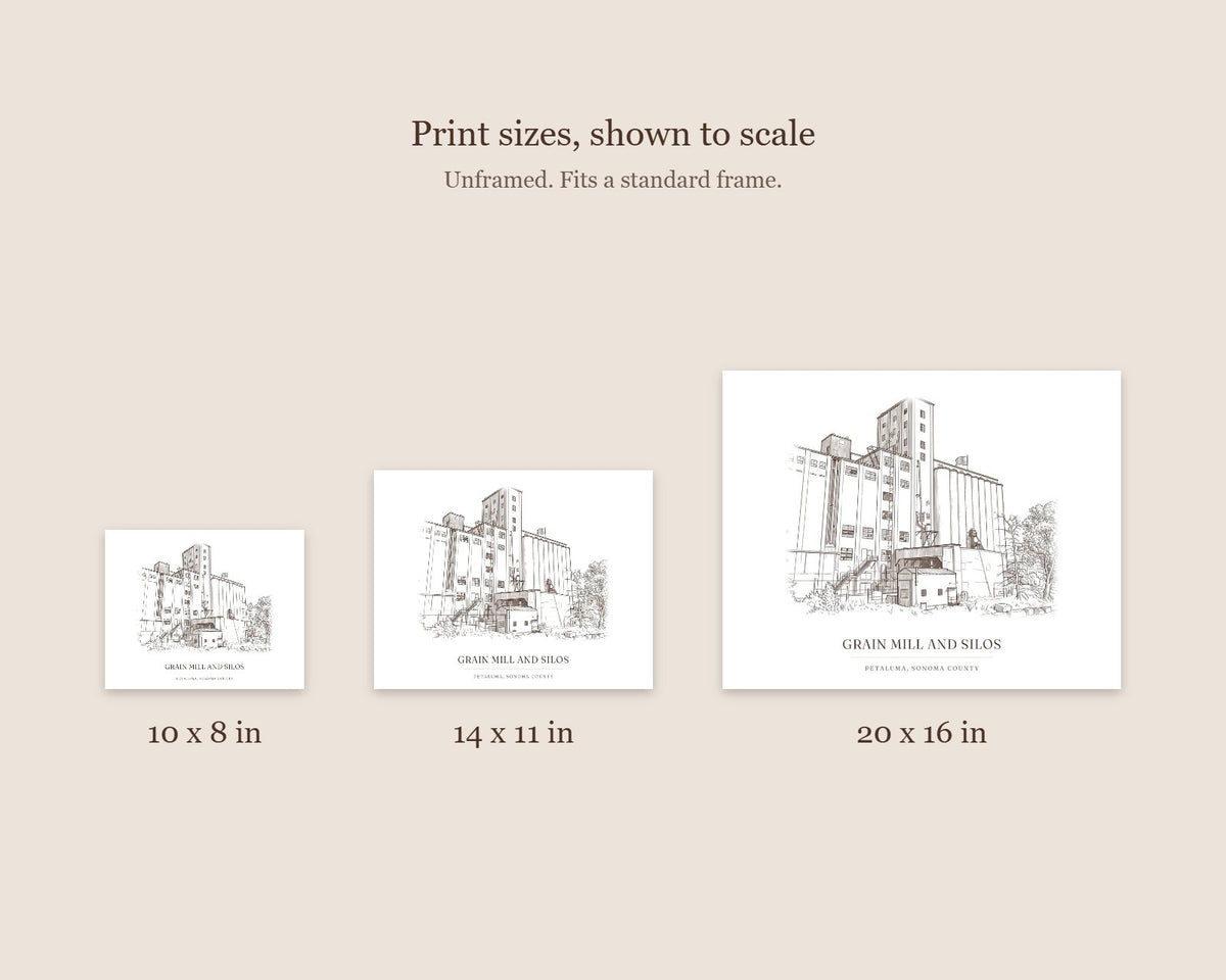 Size guide comparing the 10 x 8, 14 x 11 and 20 x 16 prints in ink drawing, to scale