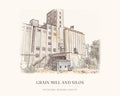 Watercolor art print of the grain mill and silos on the Petaluma riverfront, with the place name below