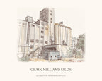 Watercolor art print of the grain mill and silos on the Petaluma riverfront, with the place name below
