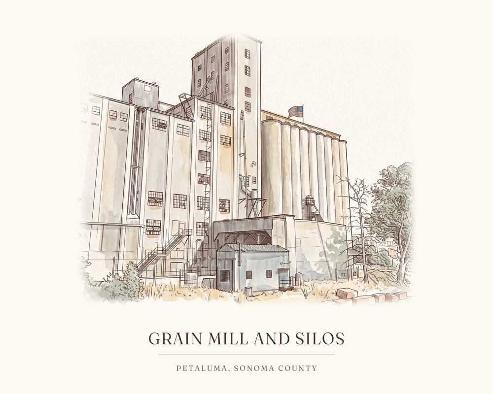 Watercolor art print of the grain mill and silos on the Petaluma riverfront, with the place name below