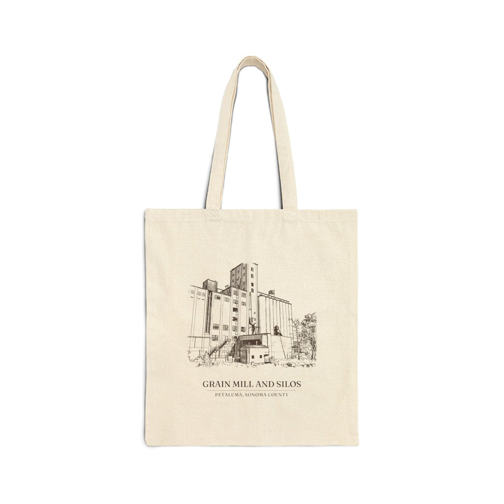 Natural cotton canvas tote bag with an ink drawing of the grain mill and silos on the Petaluma riverfront