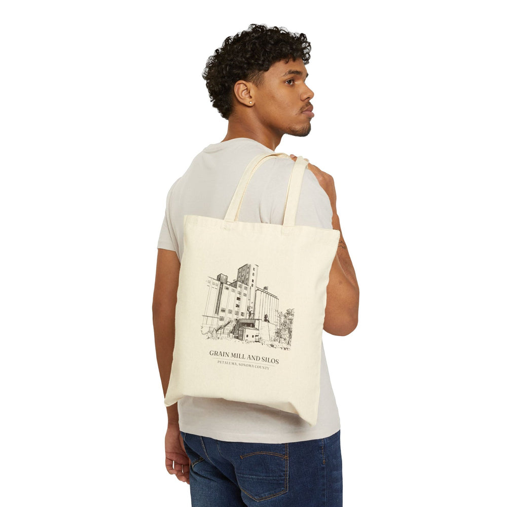 Grain Mill and Silos tote bag carried over the shoulder