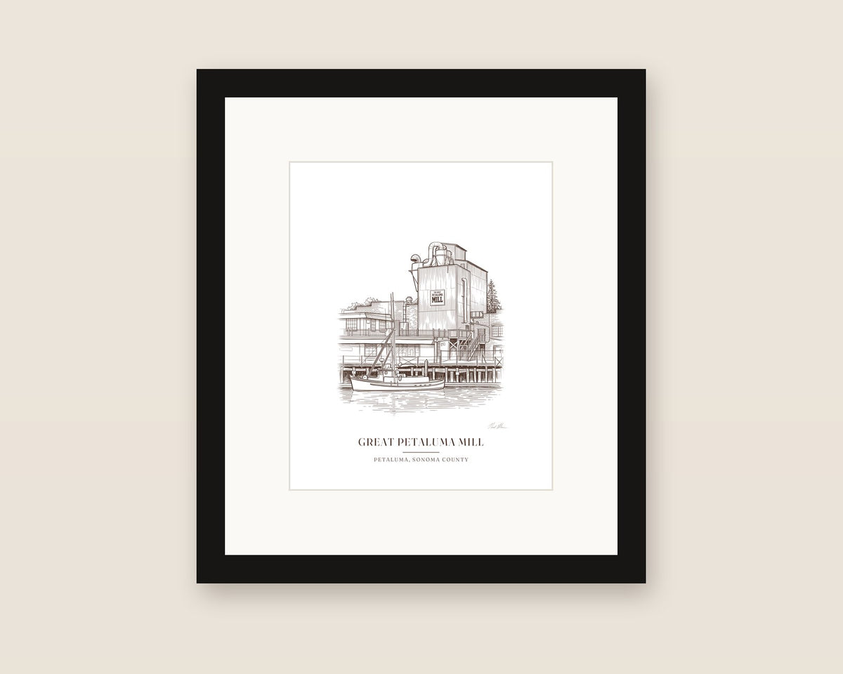 Framed ink drawing print of the Great Petaluma Mill in downtown Petaluma, with a white mat in a black frame
