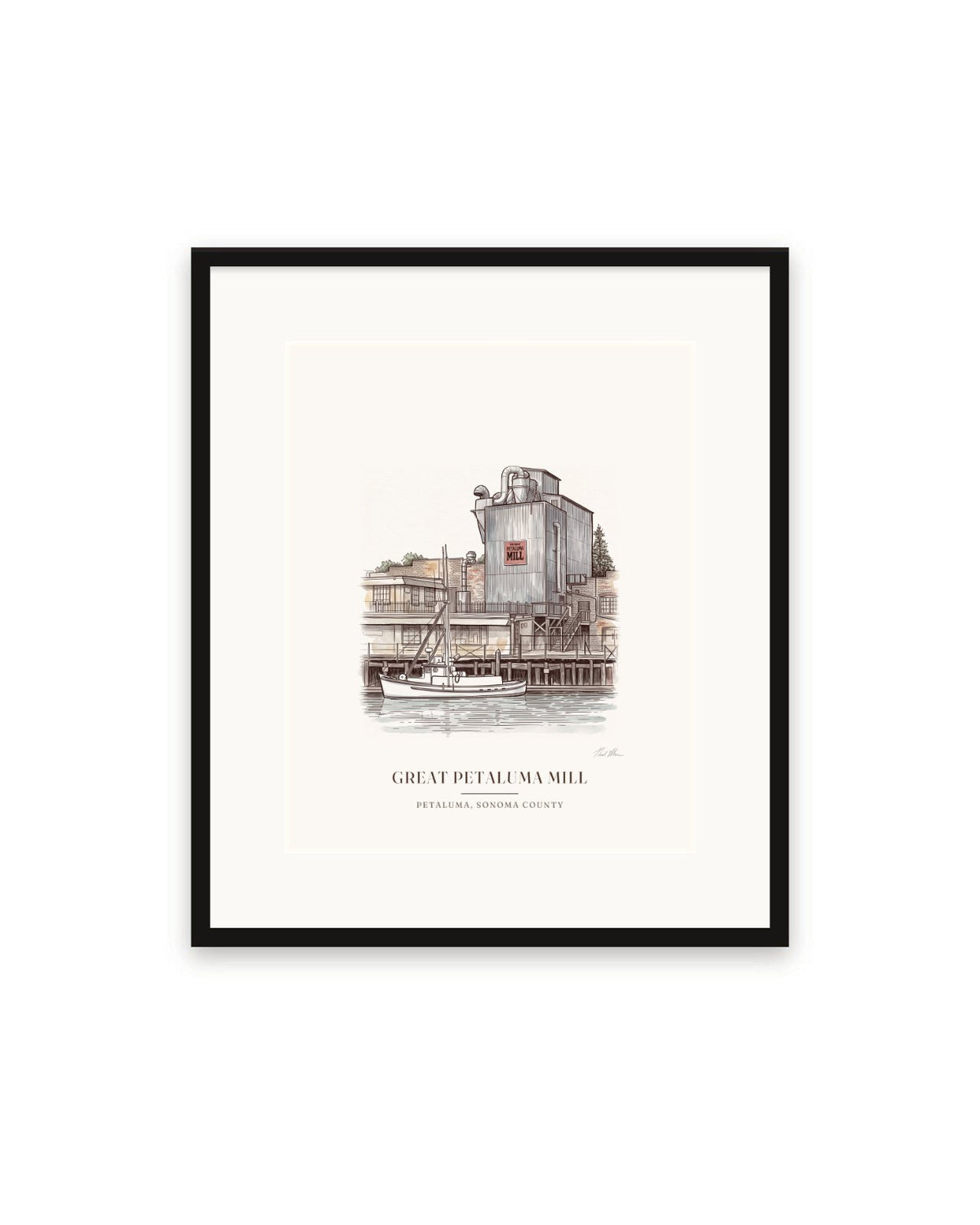Great Petaluma Mill watercolor print, 16 x 20 in, in a black frame with a wide white mat