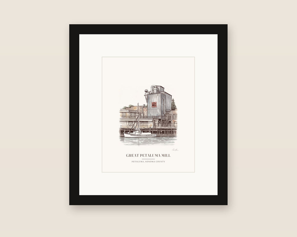 Framed watercolor print of the Great Petaluma Mill in downtown Petaluma, with a white mat in a black frame