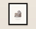 Framed watercolor print of the Great Petaluma Mill in downtown Petaluma, with a white mat in a black frame