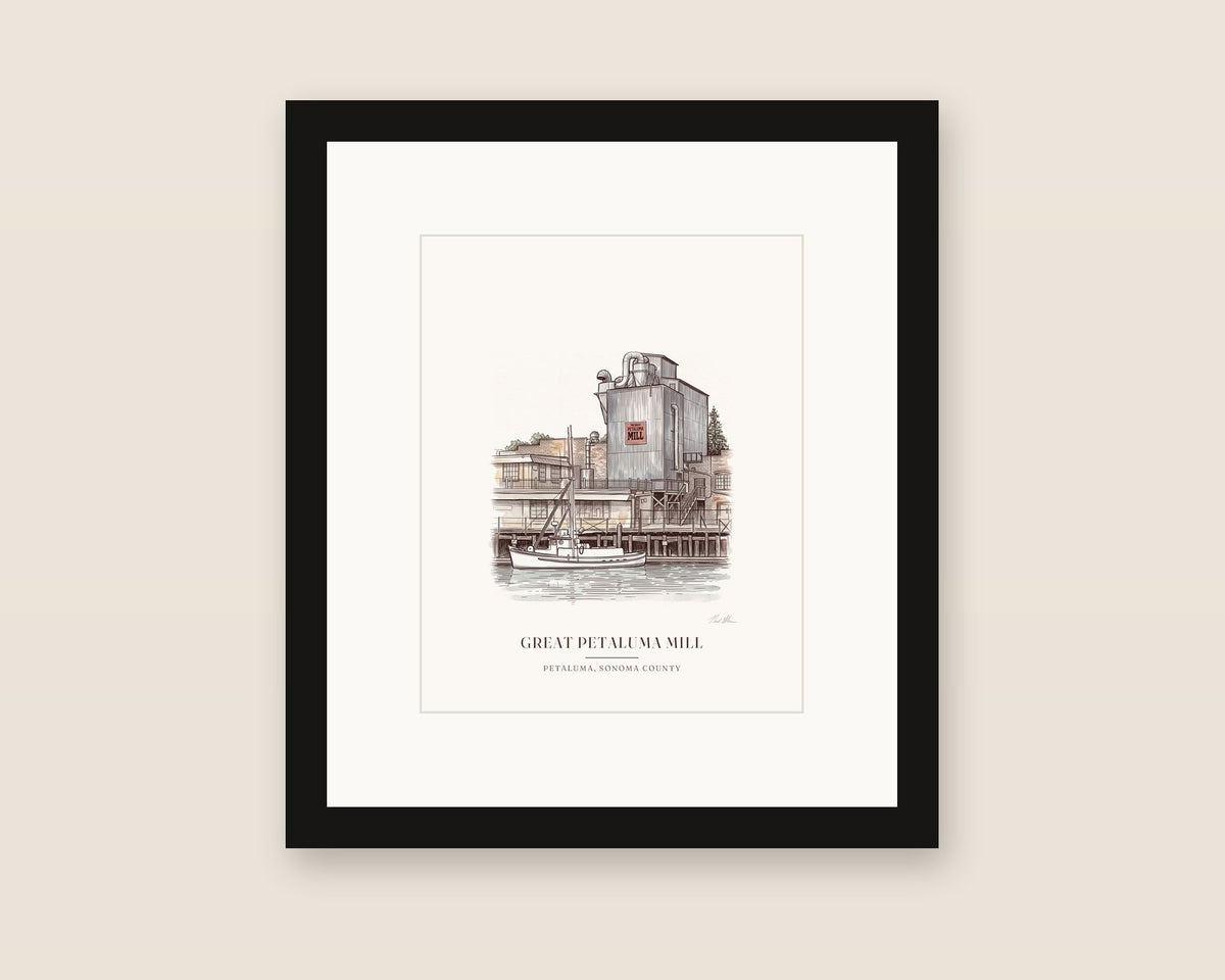 Framed watercolor print of the Great Petaluma Mill in downtown Petaluma, with a white mat in a black frame