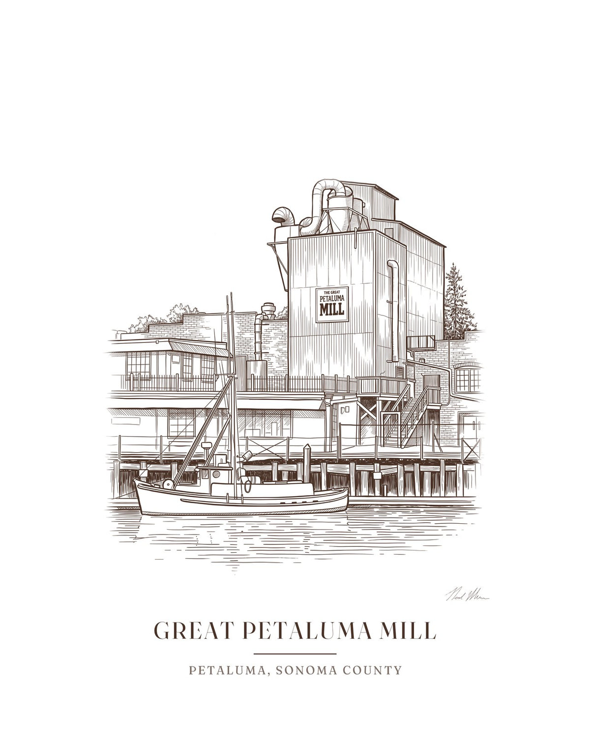 Ink drawing print of the Great Petaluma Mill in downtown Petaluma, Sonoma County, in brown ink
