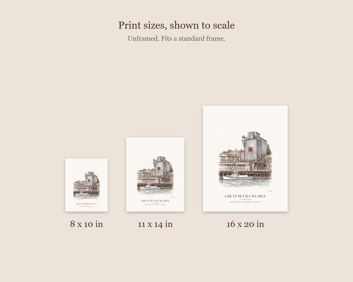 Size guide comparing the 8 x 10, 11 x 14 and 16 x 20 watercolor prints of the Great Petaluma Mill to scale