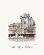 Watercolor art print of the Great Petaluma Mill in downtown Petaluma, with the place name below