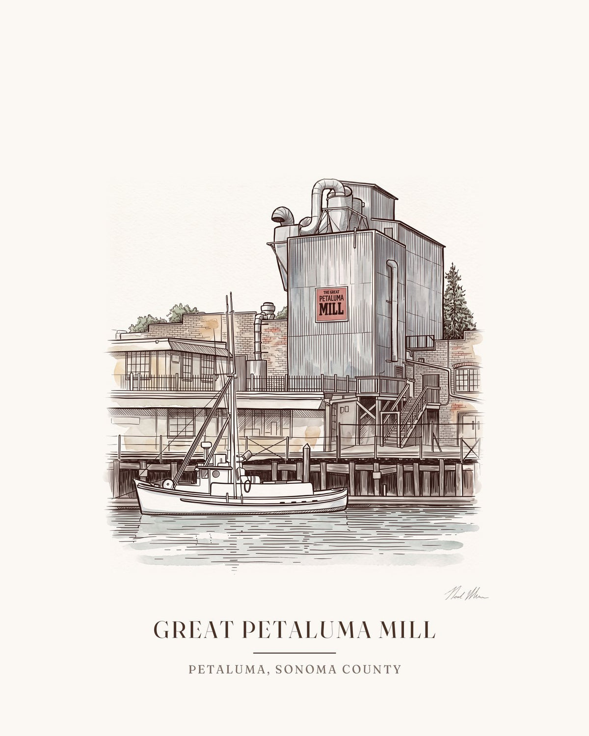 Watercolor art print of the Great Petaluma Mill in downtown Petaluma, with the place name below