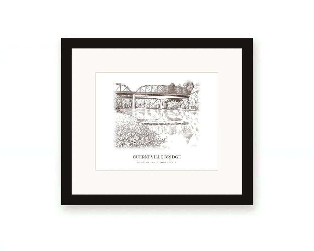 Framed ink drawing print of the Guerneville Bridge over the Russian River, with a white mat in a black frame