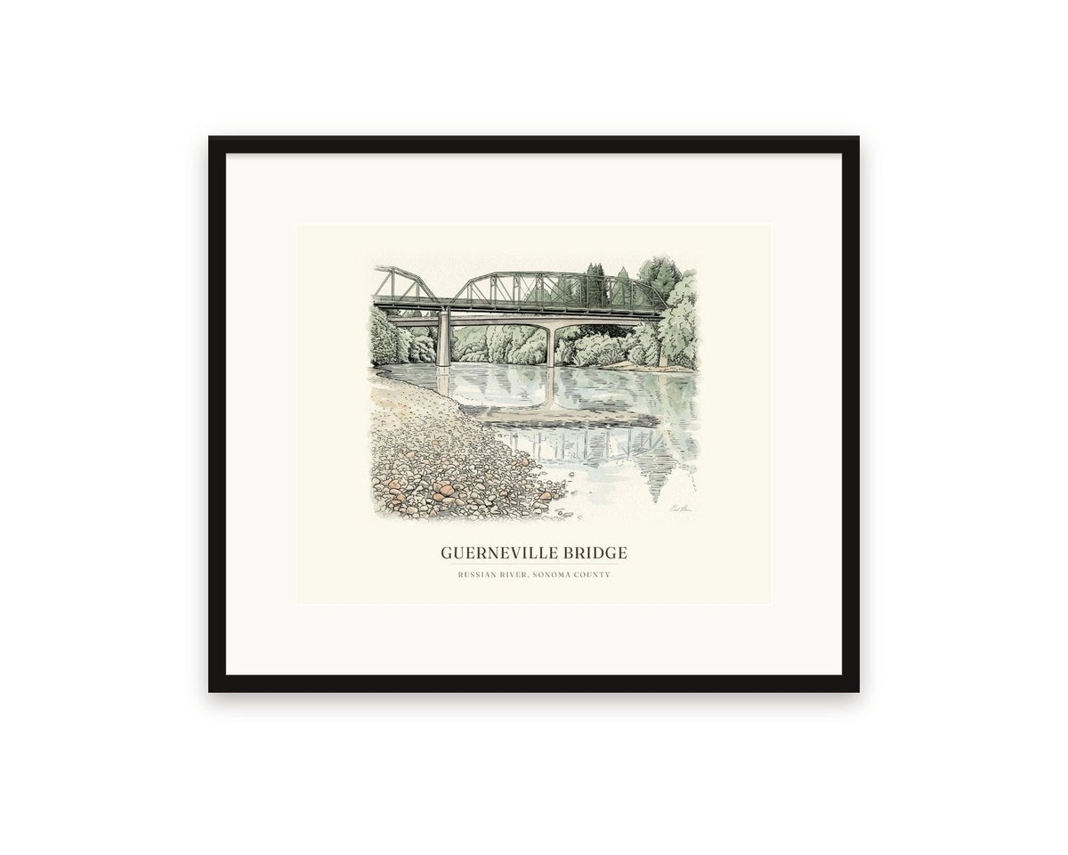 Guerneville Bridge watercolor print, 20 x 16 in, in a black frame with a wide white mat