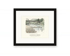 Framed watercolor print of the Guerneville Bridge over the Russian River, with a white mat in a black frame
