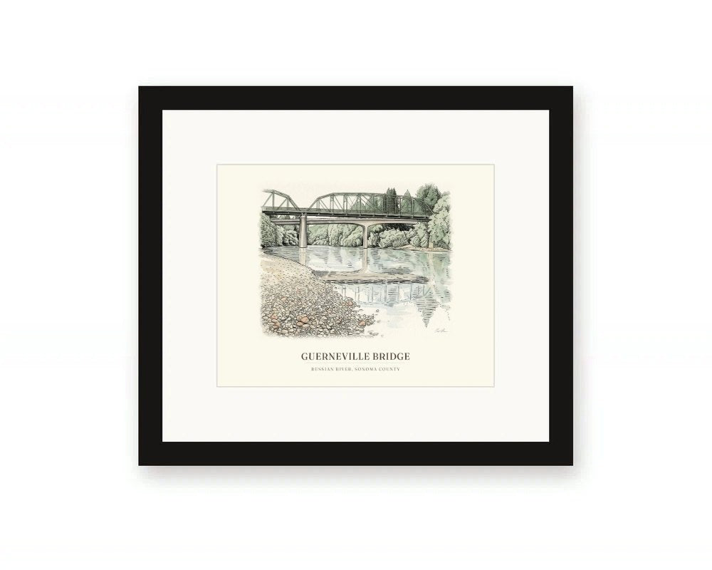 Framed watercolor print of the Guerneville Bridge over the Russian River, with a white mat in a black frame