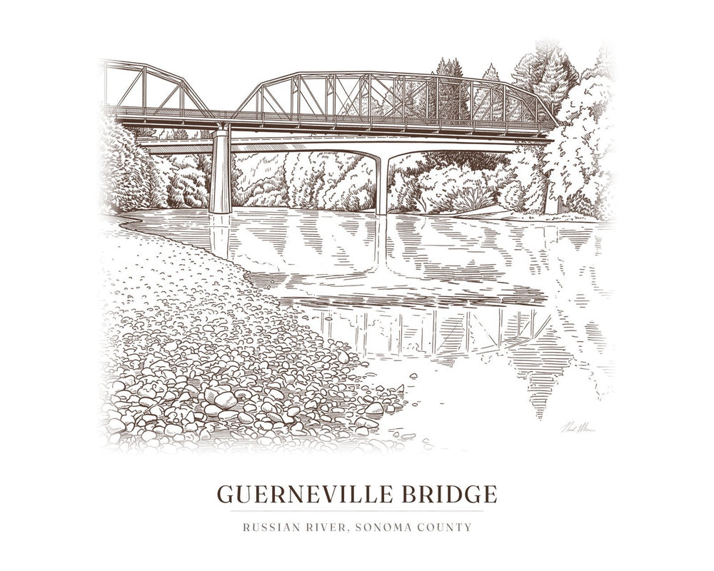 Ink drawing print of the Guerneville Bridge over the Russian River, Sonoma County, in brown ink with the place name below