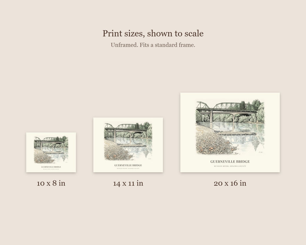 Size guide comparing the 10 x 8, 14 x 11 and 20 x 16 watercolor prints of the Guerneville Bridge to scale
