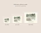 Size guide comparing the 10 x 8, 14 x 11 and 20 x 16 watercolor prints of the Guerneville Bridge to scale