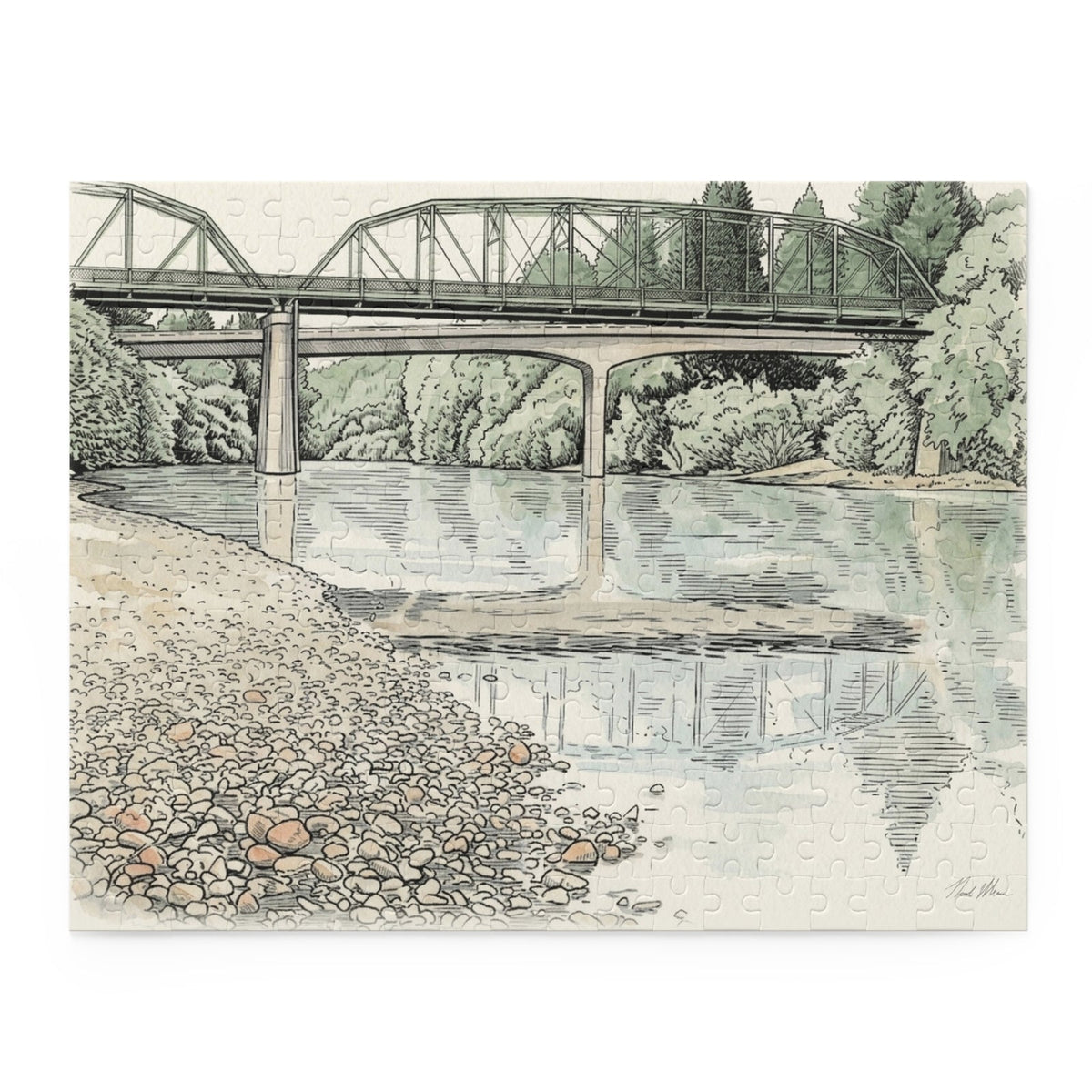 Finished 252-piece puzzle of the Guerneville Bridge over the Russian River, the watercolor running edge to edge