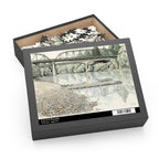 Guerneville Bridge puzzle box with the watercolor on the lid and pieces inside