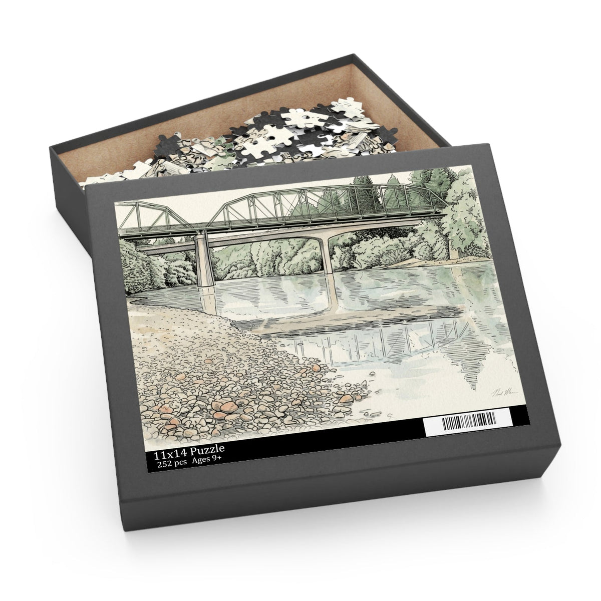 Guerneville Bridge puzzle box with the watercolor on the lid and pieces inside