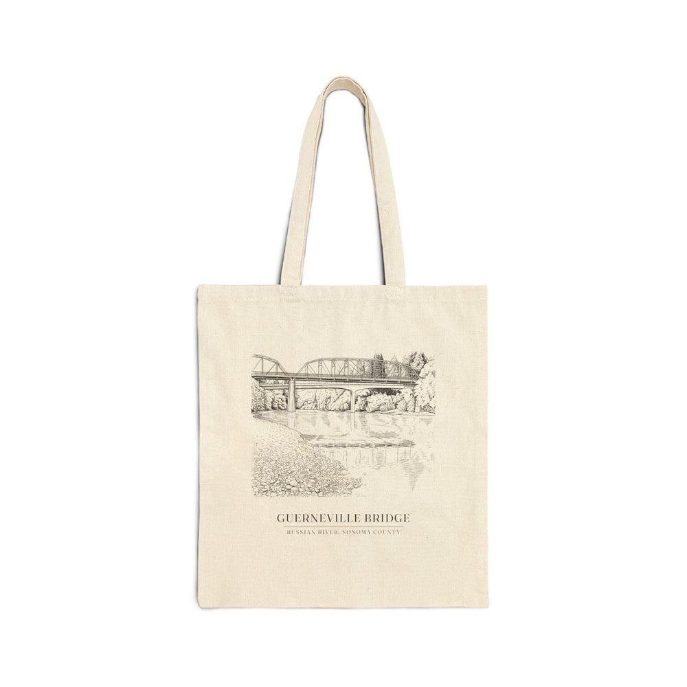 Natural cotton canvas tote bag with an ink drawing of the Guerneville Bridge over the Russian River