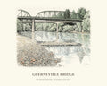 Watercolor art print of the Guerneville Bridge over the Russian River, with the place name below