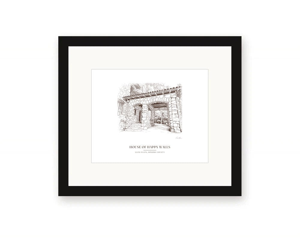 Framed line drawing print of the House of Happy Walls in Jack London State Historic Park, Glen Ellen, seen through its arched fieldstone entry, with a white mat in a black frame