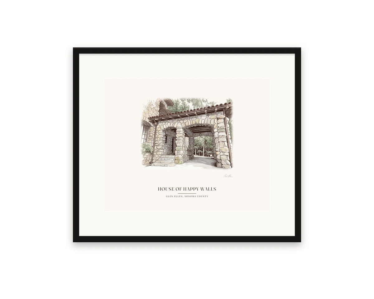 House of Happy Walls watercolor print, 20 x 16 in, in a black frame with a wide white mat