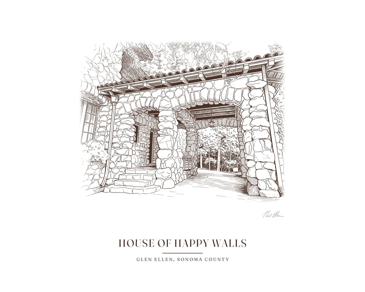 Line drawing print of the House of Happy Walls in Jack London State Historic Park, Glen Ellen, seen through its arched fieldstone entry, in brown line with the place name below